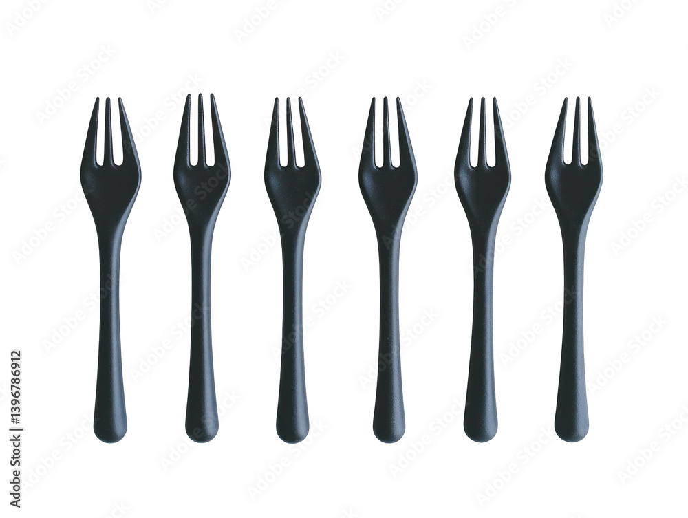 A row of six black plastic forks arranged neatly on a white background, ideal for showcasing disposable utensils for events A row of six black plastic forks arranged neatly on a white background, ideal for showcasing disposable utensils for events