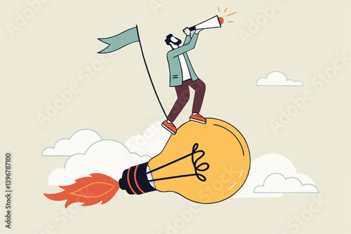 Success business idea, innovation or invention to reach goal, entrepreneur start new business, solution or career achievement concept, businessman holding winner flag riding flying lightbulb idea.