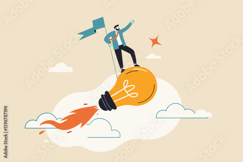 Success business idea, innovation or invention to reach goal, entrepreneur start new business, solution or career achievement concept, businessman holding winner flag riding flying lightbulb idea.