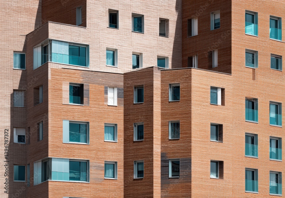 Modern brick building with blue-tinted windows in a geometric design, showcasing contemporary architecture. Modern brick building with blue-tinted windows in a geometric design, showcasing contemporary architecture.
