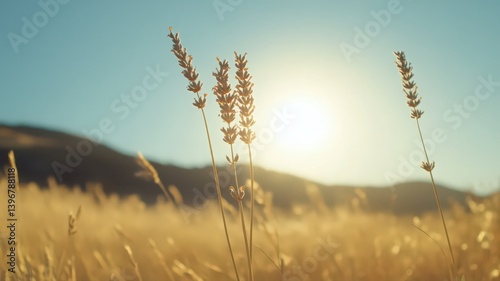 Lavender Plants Silhouetted Against Sunset Over Golden Field
