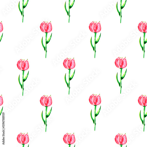 Seamless pattern with pink tulips flowers on white background, watercolor floral pattern, suitable for wallpaper, card or fabric.