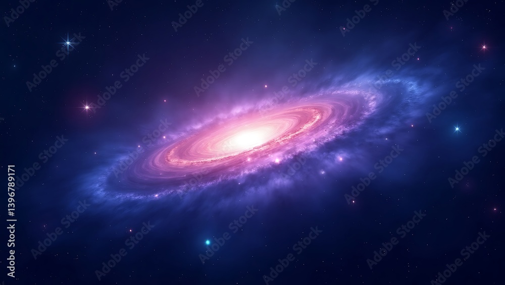 Naklejka premium Majestic spiral galaxy swirling in vibrant purple and pink hues cosmic dust and distant stars