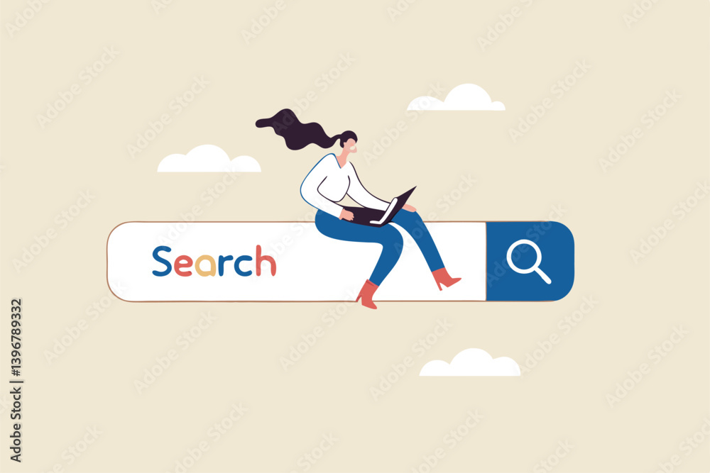 Search box, SEO search engine optimization or finding website from internet, online job or career opportunity concept, woman working with computer laptop on search box with magnifying glass button. Search box, SEO search engine optimization or finding website from internet, online job or career opportunity concept, woman working with computer laptop on search box with magnifying glass button.