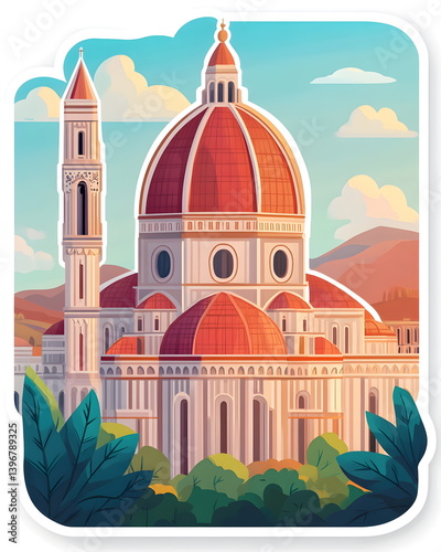 A sticker of a Santa Maria del Fiore, playful and whimsical style, simplified cathedral with a red-tiled dome and striped tower, glowing in Florence, soft pastel tones, clean outline, bold 