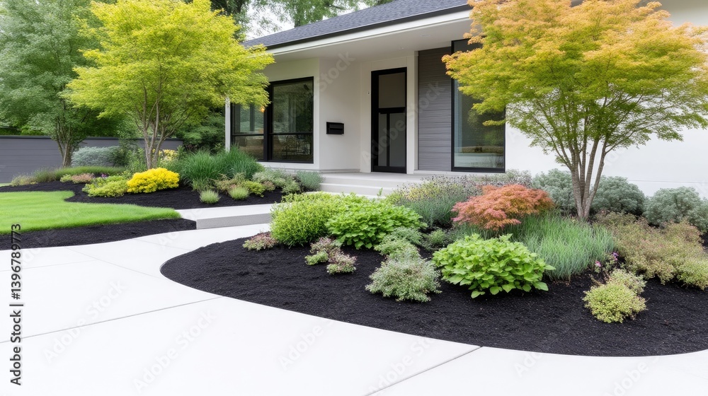 Fototapeta premium Modern home exterior with manicured landscaping. Well-maintained lawn, colorful shrubs and trees, and black mulch. Stylish curb appeal