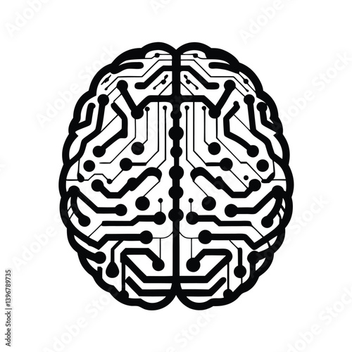 Human Brain Circuit Board in Black and White, Cerebral Schematic, Isolated on White