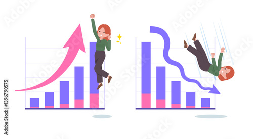 業績アップと業績ダウンを表現する赤髪女性のセット