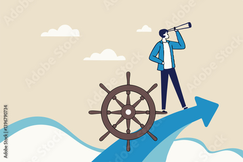 Leadership to lead company direction, vision to see opportunity, skill to overcome challenge or decision to control and drive growth concept, businessman captain control rudder helm on growth arrow.