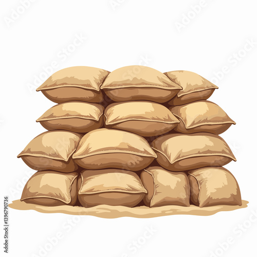 Neatly stacked sandbags on white background, minimalistic design