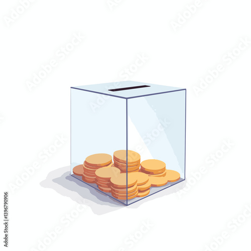 Transparent donation box with coins, minimalist design concept