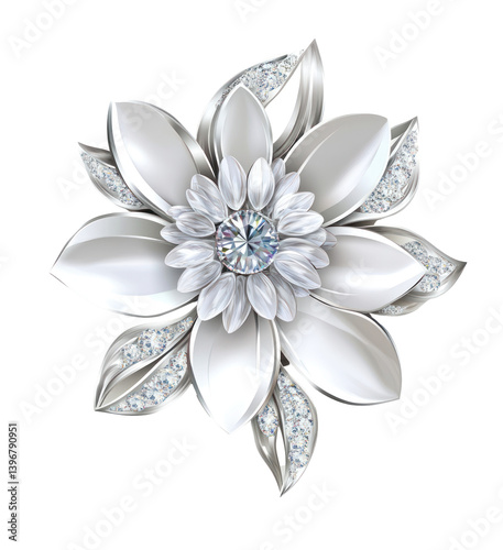 Elegant silver flower brooch with diamond accents, set against a clean background, ideal for jewelry promotions