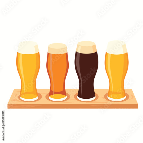 Variety of beers displayed on wooden tray in minimalist style, tasting experience