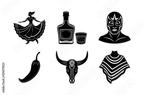 Silhouette Icons of Mexican Culture and Traditions