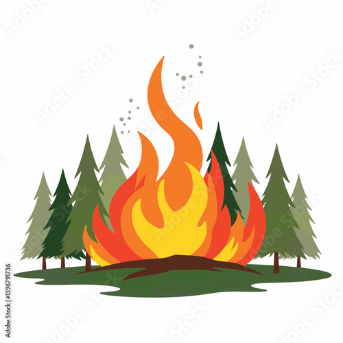 Burning forest with stylized flames and trees, environmental awareness