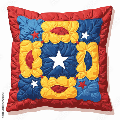 Colorful quilt pillow with star patterns on white background, freedom concept