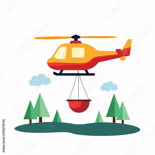 Firefighting helicopter hovering over green landscape, emergency response