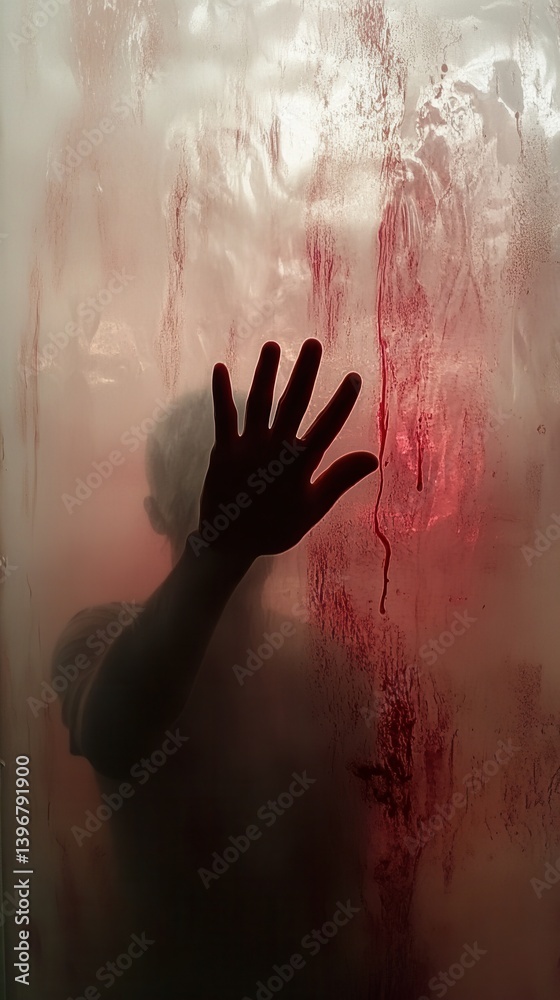 Red stained droplets on foggy glass with a vague human shadow and five-fingered hand reaching out Red stained droplets on foggy glass with a vague human shadow and five-fingered hand reaching out