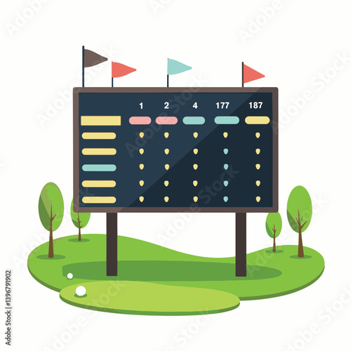 Modern golf scoreboard on green course, sports competition