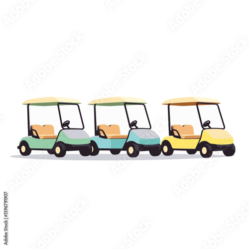 Colorful fleet of golf carts arranged neatly on white background, simplicity
