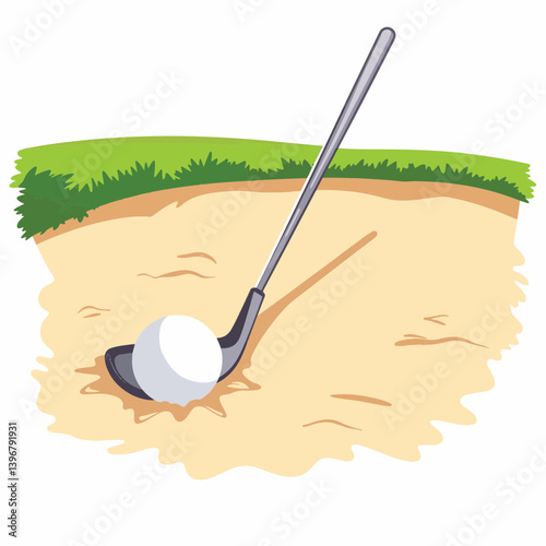 Golf ball trapped in sand bunker with club, overcoming obstacles
