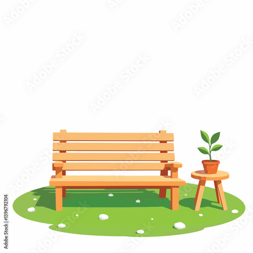 Minimalist garden seating area with wooden bench and potted plant, tranquility