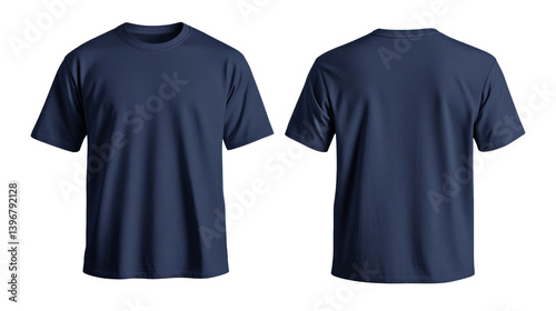 Plain navy blue t-shirt displayed from front and back, showcasing its design and fit, suitable for casual wear or branding