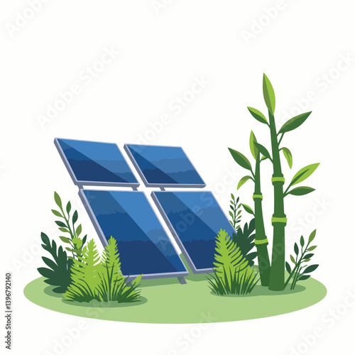Solar panels and plants harmonizing in nature, sustainable energy