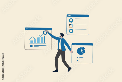 Self-service software or application to help users get results themselves, online help or assistance, resource management, or an electronic automated report co businessman using self-service software.
