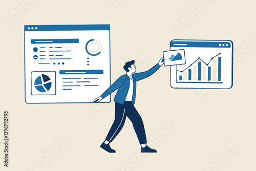Self-service software or application to help users get results themselves, online help or assistance, resource management, or an electronic automated report co businessman using self-service software.