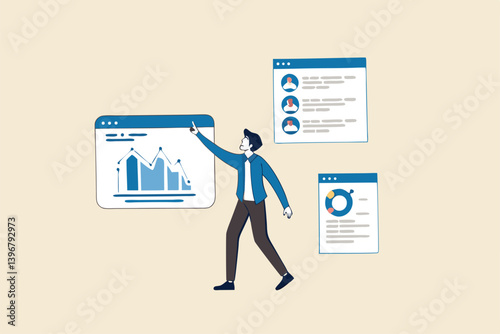 Self-service software or application to help users get results themselves, online help or assistance, resource management, or an electronic automated report co businessman using self-service software.