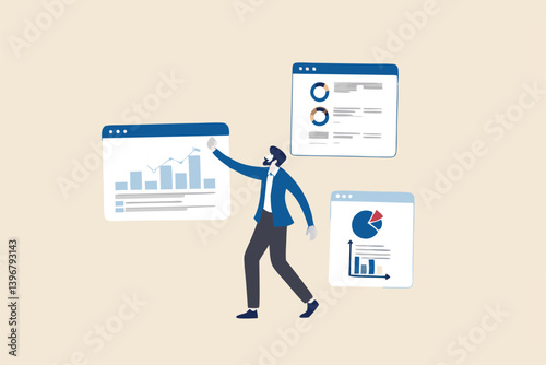 Self-service software or application to help users get results themselves, online help or assistance, resource management, or an electronic automated report co businessman using self-service software.