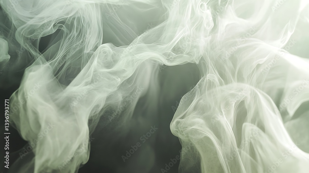 Obraz premium Ethereal wisps of smoke gracefully swirling against a soft green background, creating a tranquil atmosphere