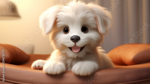 An adorable fluffy white puppy rests contentedly on a brown couch, radiating pure joy and warmth with soft lighting and a blurred background.