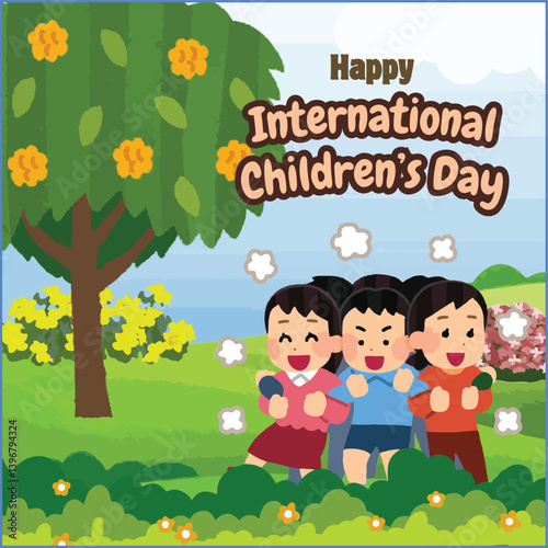 Bright, cheerful flyer celebrating children’s joy, unity, creativity, laughter, and dreams worldwide.