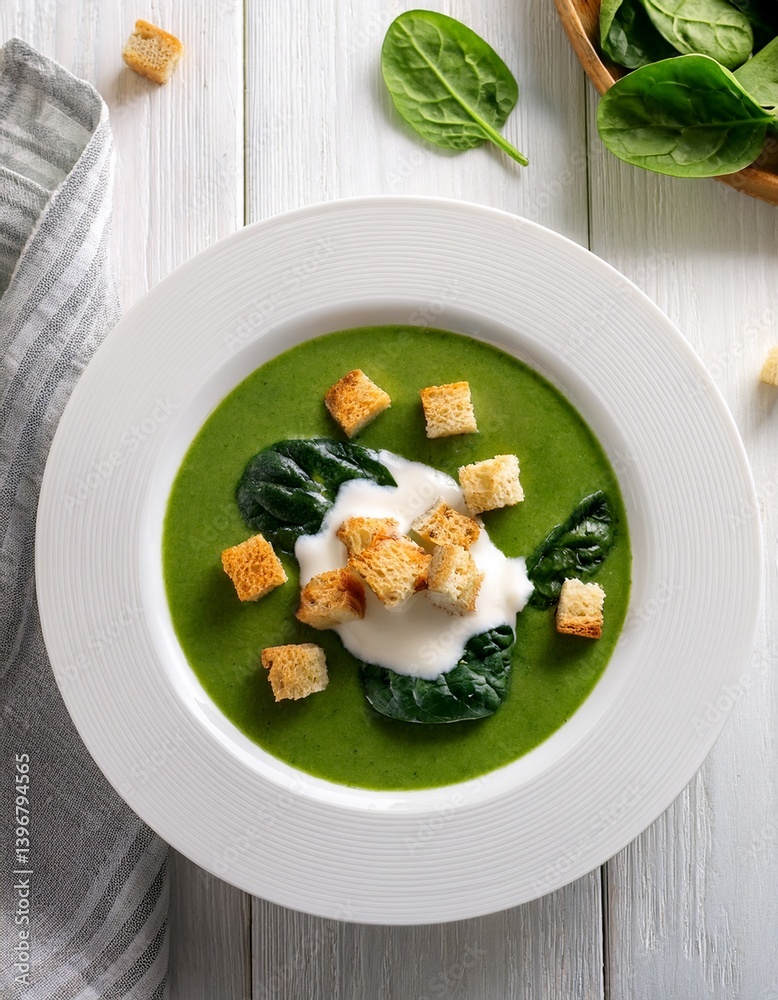 Top view of spinach soup on a white plate with spinach, croutons and creme fraiche on white wooden table. Generated image