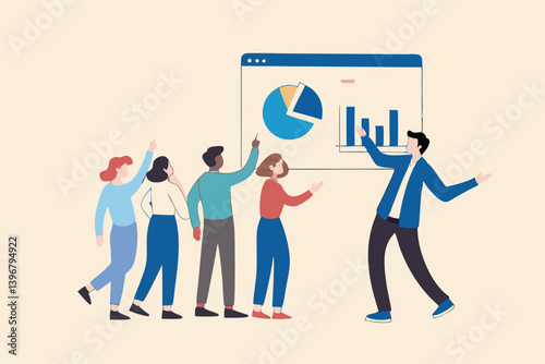 Staff training, seminar or workshop to learn new skills, coaching or team discussion, business course, meeting or briefing concept, smart businessman coaching with presentation to company employees.