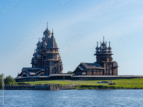 View from Lake Onega of the main architectural ensemble with the Church of the Transfiguration of the Lord in the architectural museum-reserve on Kizhi Island in Karelia in northwestern Russia