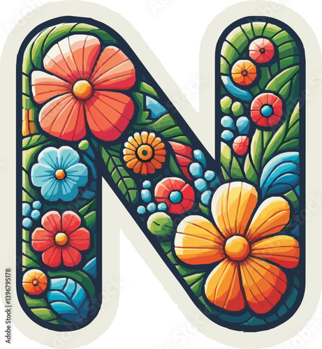 Doodle flower letter N. Floral element of colorful alphabet made from flowers