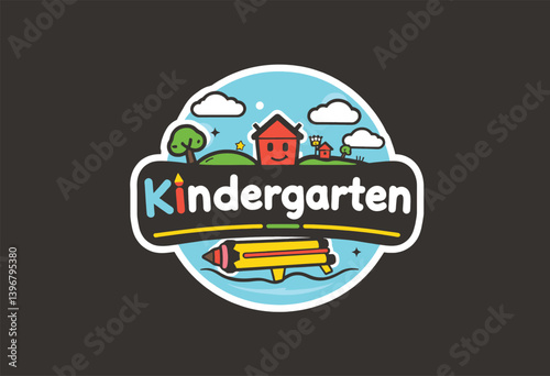Colorful Kindergarten Logo with Playful Design. A vibrant logo for a kindergarten featuring a cartoonish illustration of a landscape with a small house/trees and clouds