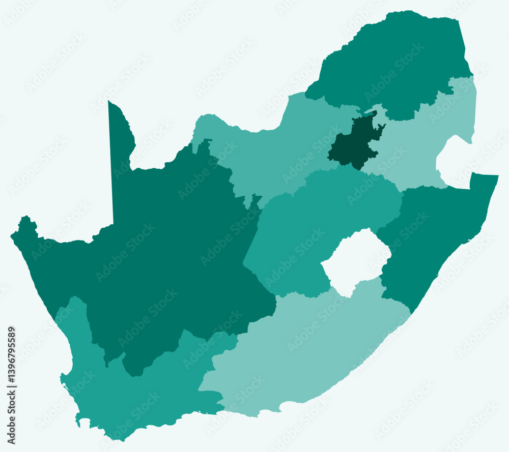 Fototapeta premium Map of South Africa with regions. Just a simple country border map with region division. Teal color palette. Flat South Africa shape with administrative division. Vector illustration.