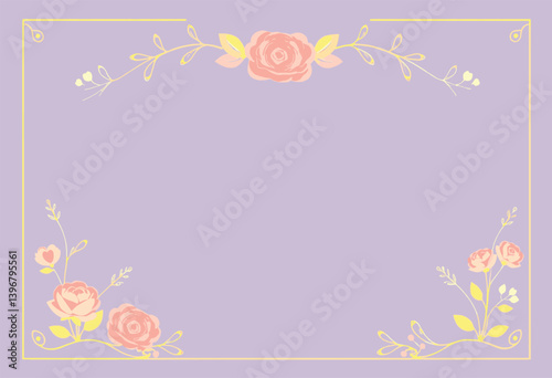 Delicate Pastel Roses and Floral Border on a Light Purple Background. A charming light purple background is framed by a delicate floral border featuring pastel pink roses