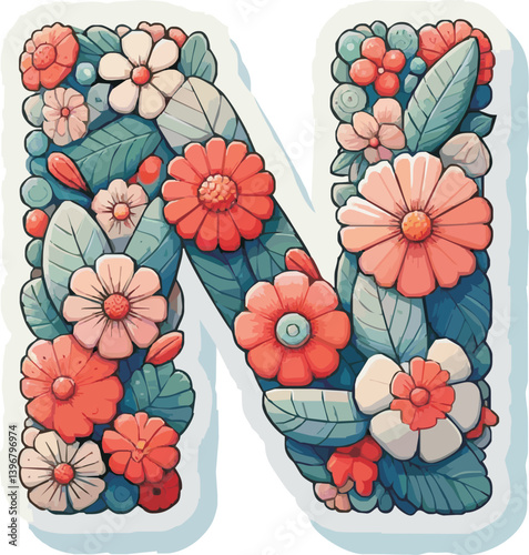 Doodle flower letter N. Floral element of colorful alphabet made from flowers