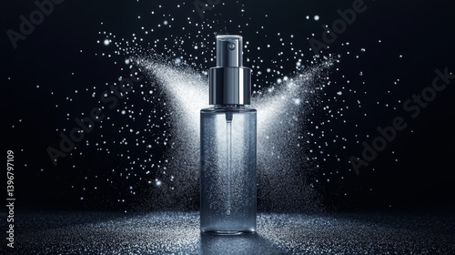 Premium cosmetic sprayer bottle with metallic silver pump head, explosive burst of microscopic mist particles, dynamic spray formation showing perfect symmetry, smooth plastic surface with gentle