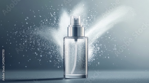 Premium cosmetic sprayer bottle with metallic silver pump head, explosive burst of microscopic mist particles, dynamic spray formation showing perfect symmetry, smooth plastic surface with gentle