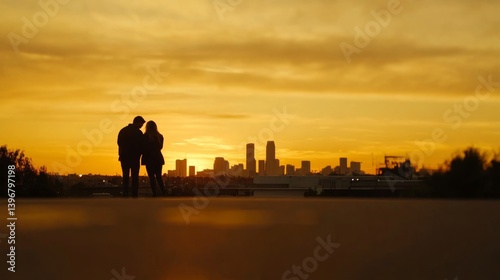 Two people share an intimate moment while embracing on a rooftop edge, framed by a stunning sunset sky and distant high-rise buildings