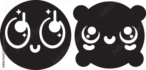 Kawaii Emoji face set with cute round eyes and small cheeks in silhouette vector illustration design