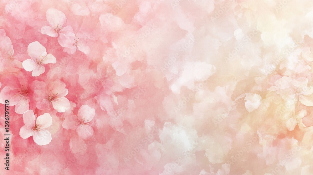 Fototapeta premium Soft romantic watercolor blend transitioning from powder pink to champagne beige, delicate paint blooms creating natural texture, gossamer-thin layers showing subtle depth, ethereal color flow