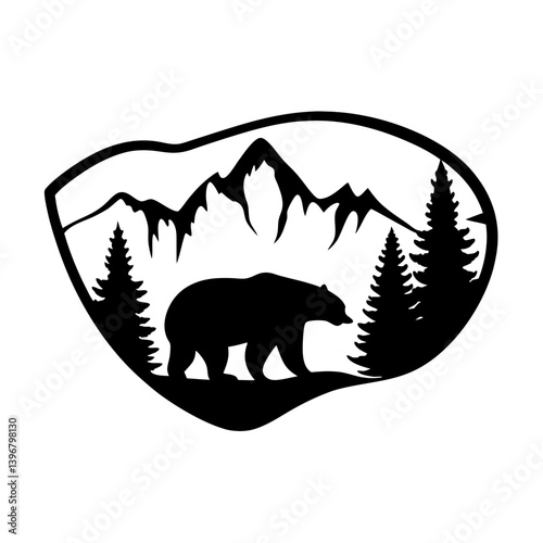 Silhouette of a bear in a mountain landscape with coniferous trees