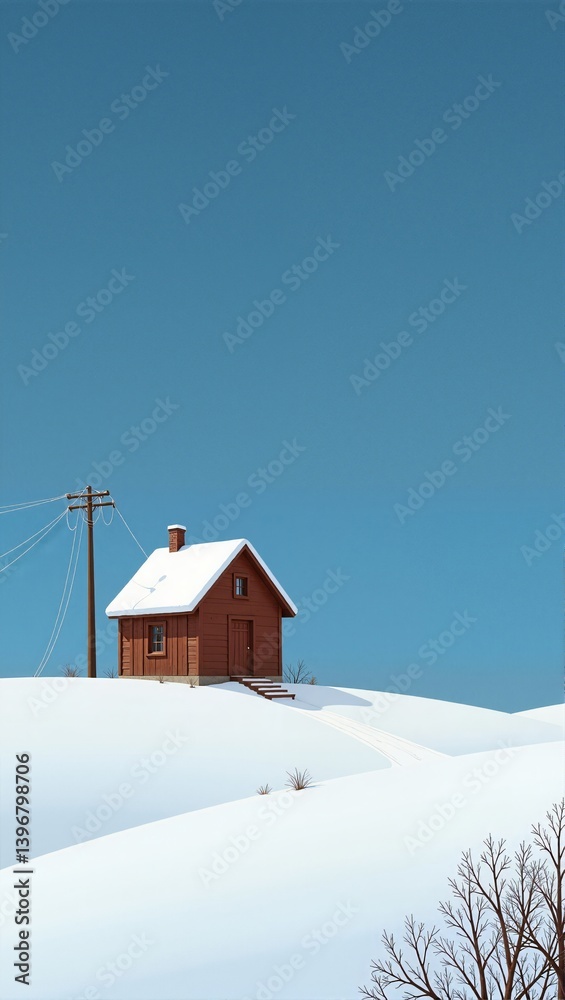 Small wooden cabin on hill in Russian Snowy Steppes, snow-covered landscape, bare trees, clear blue sky. Concept of tranquility in Russian Snowy Steppes winter scenery. Small wooden cabin on hill in Russian Snowy Steppes, snow-covered landscape, bare trees, clear blue sky. Concept of tranquility in Russian Snowy Steppes winter scenery.